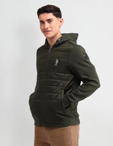 U.S. Polo Assn. Denim Co. Men's Green Solid Hooded Long Sleeve Casual Polyester Regular Fit Quilted Jacket (UDJCK1408_Green_S)