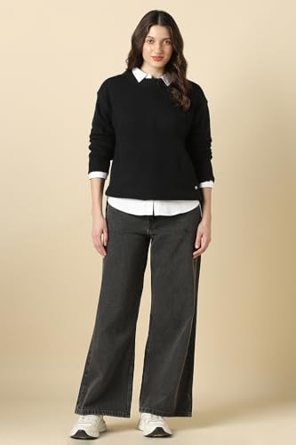 Women Black Solid Round Neck Casual Sweater