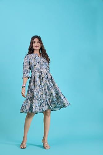 ORICA FASHION Women's Blue Poly Crepe Printed Fit & Flare Dress | Stylish Party Dress for Women & Girls (XL)