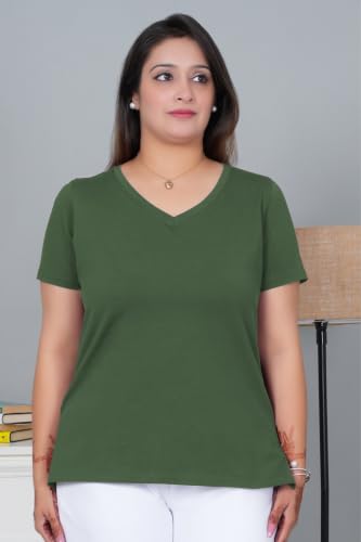 Mlada V-Neck Cotton Half Sleeves Tshirt for Women | Stretchable Relaxed Fit Casual T-Shirts for Women Office Wear | Solid Tshirts for Daily Comfort