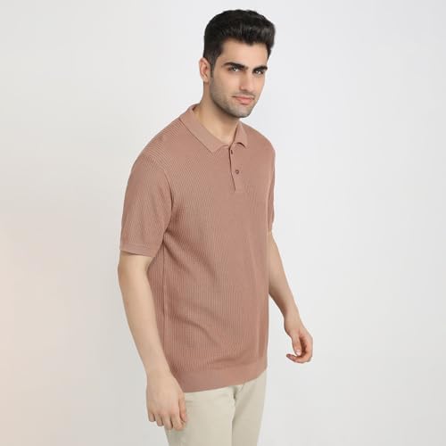 Park Avenue Men Slim Fit Structure Pattern Pure Cotton Half Sleeve Polo Neck Casual T-Shirt (Size: 40)-PCKB01463-E4 Medium Orange