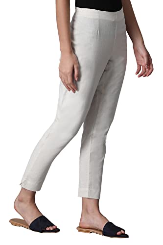 W for Woman White Solid Mid-Rise Cotton Flax Slim Pants (Size: S)-WCR60151-211345