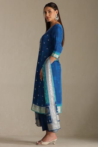 Soch Women's Blue Organza Zari Woven Suit Set With Faux Mirror And Sequins