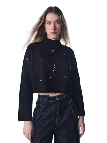 ONLY Women's Self Design Regular Fit Black Sweater