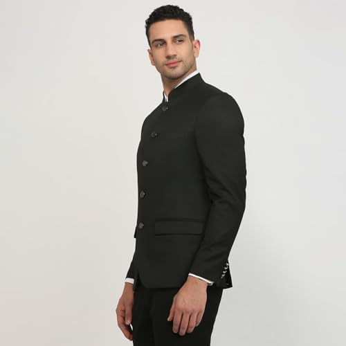Raymond Men Regular Fit Solid Pattern Poly Viscose Elastane Blend Stand Collar Full Sleeve Ceremonial Jacket (Size: 44)-RIJI00123-K8 Black