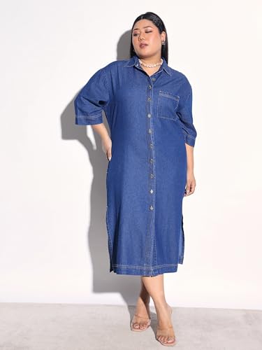 Sassafras Curve Women Navy Blue Tencel Button Down Shirt Midi Dress-3XL