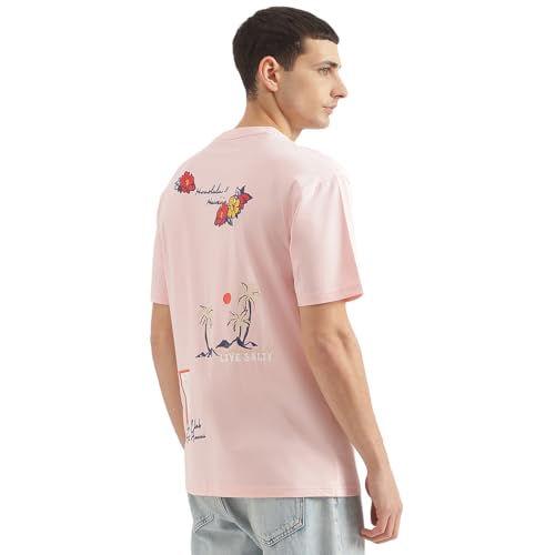 UNITED COLORS OF BENETTON Boxy Fit Round Neck Printed T-Shirt (Size: XL)-25P3099J3420I902 Pink