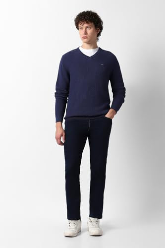 Men Navy Textured V Neck Sweater