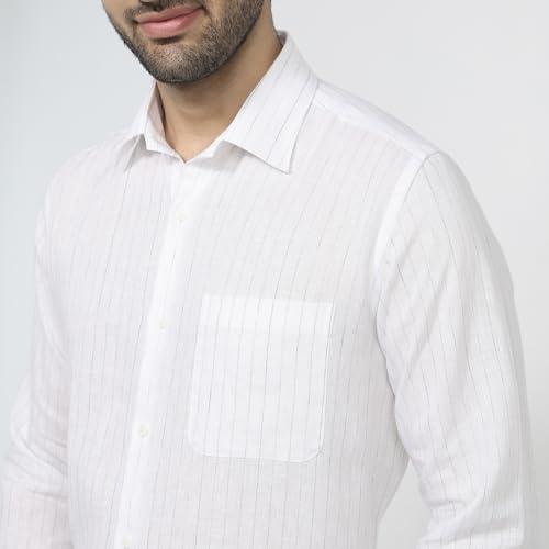 Raymond Men Contemporary Fit Stripe Pattern Pure Linen Semicutaway Collar Full Sleeve Apple Cut Formal Shirt White