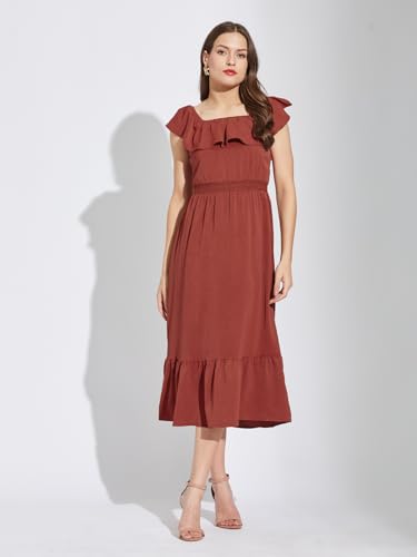 Latin Quarters Women Rust Square Neck Cap Sleeves Solid Below Knee A-Line Dress for Casual Wear_M