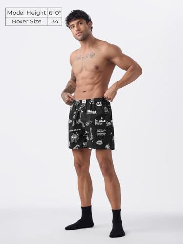 The Souled Store Friends: Doodle Men and Boys Pull On Black All Over Printed Regular Fit Cotton Boxer Shorts