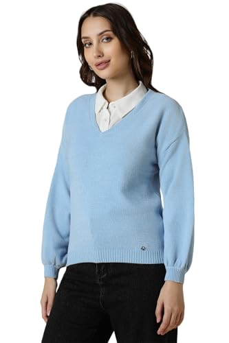Allen Solly Women Blue Textured V Neck Casual Sweater
