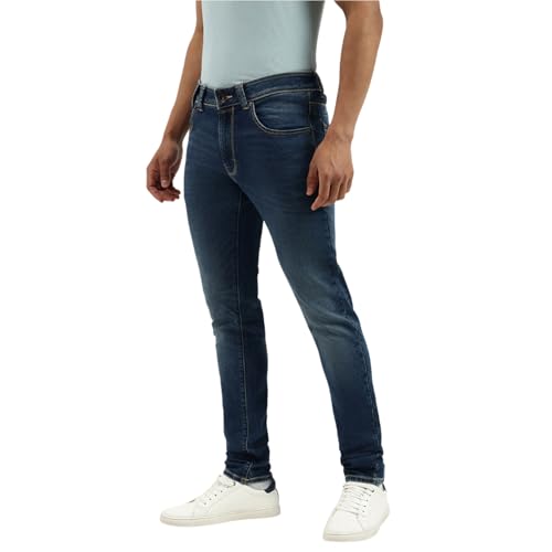 United Colors of Benetton Solid Slim Tapered Fit Mid Wash Worn Knit Jeans (Size: 34)-25A4REJE1306I901 Blue