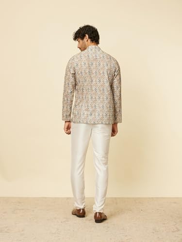 Manyavar Mens Beige Blended Cotton Printed Short Kurtas