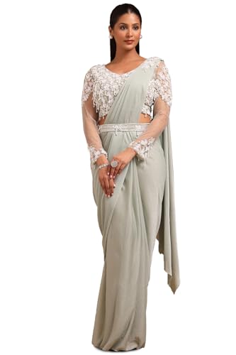 Soch Womens Sap Green Nylon Blend Solid Ready To Wear Saree With Beads
