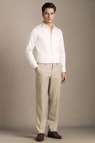 Men Beige Solid Flat Front Formal Trousers