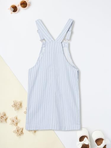 Max Girls Striped Pinafore Dress with T-Shirt (Blue_10-12 Y)