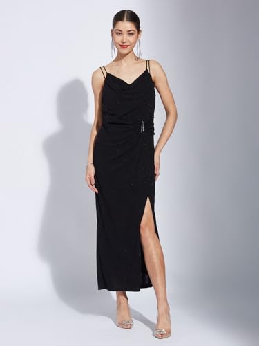 Latin Quarters Women Black V-Neck Sleeveless Solid A-Line Dress_S