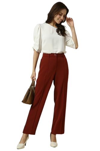 Women Maroon Regular Fit Solid Casual Trousers