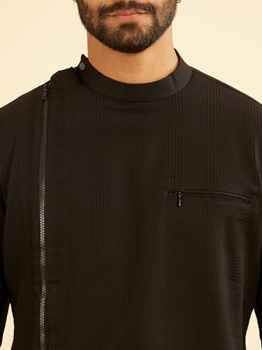 Manyavar Men's Cotton Asymmetric Mid Length Kurta(Black,XXXL)
