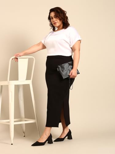 The Pink Moon Women's Maxi Plus Size Straight Black Side Slit Skirt - (SKT_Long_BLK_Black_4XL)