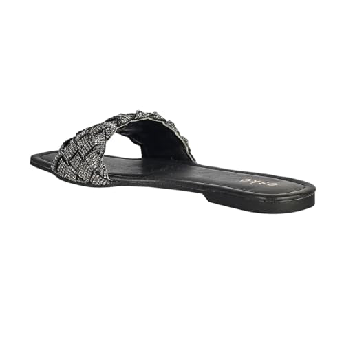eske Trudy Embellished Woven Strap Slip-On Sandals | Flat Glitter Slides with Comfortable Leather Insole | Textured TPR Sole | Everyday Ethnic & Casual Footwear for Women & Girls (Pewter, UK Footwear Size System, Adult, Women, Numeric, Medium, 4)