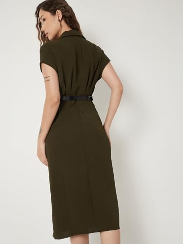Max Women Solid Shirt Dress with Belt (Green_XXL)