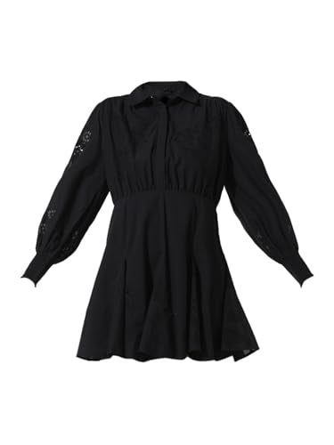 ONLY Women Self Design Black Cotton Mini Length Fit and Flare Dress