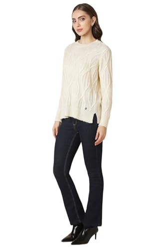 Allen Solly Women Cream Textured Round Neck Casual Sweater