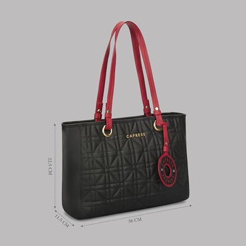 Caprese Aimee Medium Quilted Faux Leather Tote Bag for Women | Multi-Compartment Zippered Shoulder Handbag with Detachable Charm | Perfect for Work, Travel & Shopping (Black)