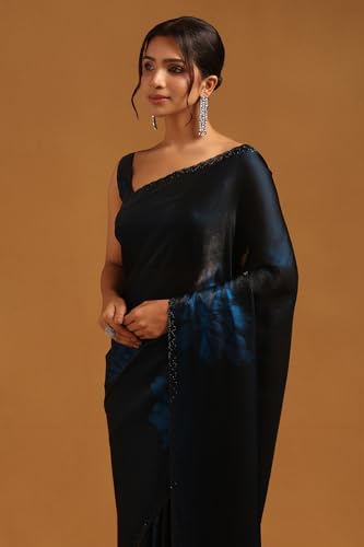 Soch Womens Blue Organza Floral Saree With Stone Work