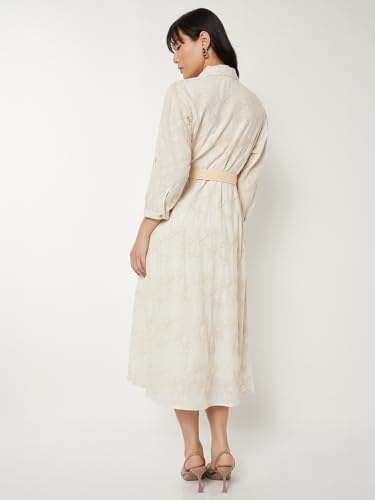 Max Women Embroidered Shirt Dress with Belt (Beige_L)