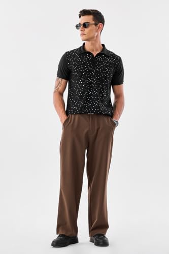 SNITCH Men's Polo T-Shirt | Polka Dot Pattern & Buttoned Closure | Premium Nylon Spandex Blend Fabric, Breathable & Stretchable Material | Casual & Semi-Formal Wear | Black