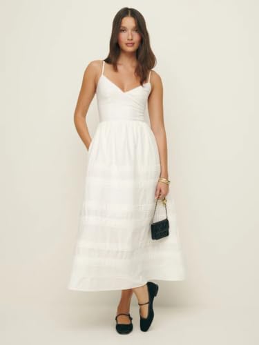 Tomber Amoureux Women’s XS Fitted Midi | White Cotton Fabric | V-Neck | Solid Sleeveless Design