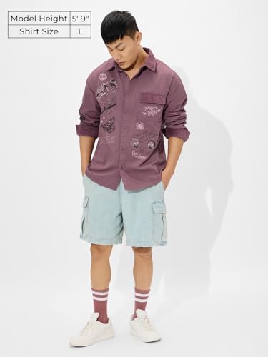 The Souled Store Rick & Morty: Cosmic Adventure Men and Boys Long Sleeves Collared Neck Button Front Purple Graphic Printed Cotton Relaxed Fit Shirts