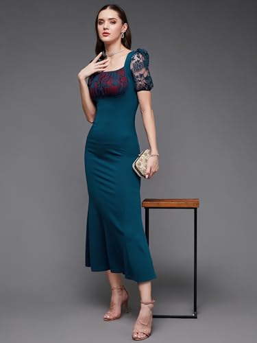 Miss Chase Women's Square Neck Short Puff Sleeve Self Design Lace Overlaid Bodycon Maxi Dress (MCSS22D13-48-83-03, Teal, S)