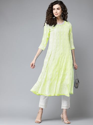 Ada Handmade Lucknow Chikankari Georgette Anarkali Kurti Kurta for Women & Girls A411142 (5XL, Green)