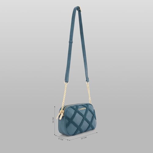 Caprese Athena Small Chenille Embroidered Sling Bag for Women | Elegant Multi-Compartment Shoulder Bag with Adjustable Strap | Party & Travel Crossbody Purse (Transformative Teal)
