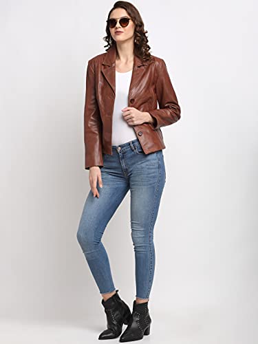Teakwood Genuine Leather Soild Stylish Casual Blazer Jacket for Women (M- Brown)