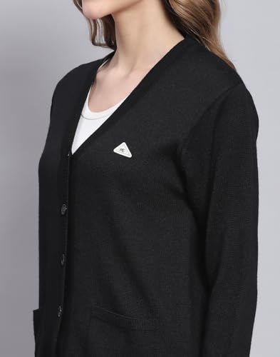 Monte Carlo Black Solid V Neck Sweater |Solid Pattern with Button Closure | Full Sleeve Cardigan for Women's