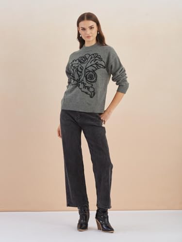Latin Quarters Women's Grey Full Sleeves Round Neck Self Design Casual Hip Length Sweater_L