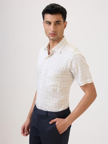 Raymond Men Regular Fit Checks Pattern Linen Blend Semicutaway Collar Half Sleeve Formal Shirt (Size: 42)-RMSY13522-F2 Yellow