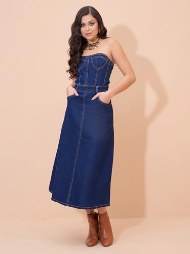 Sassafras Women Navy Blue Denim Wash Tube Dress-XL