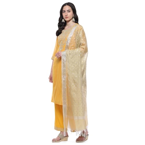BIBA WOMEN EMBROIDERY STRAIGHT SALWAR KURTA DUPATTA(SKDRIVAYAT9538_MUSTARD_34)