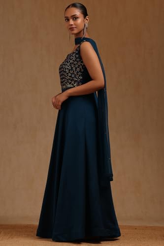 Soch Womens Teal Blue Silk Embroidered Gown with Mirror and Stone