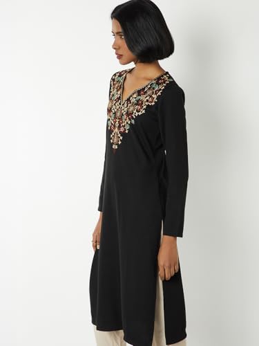 Max Women Knit Straight Winter Kurta(Black_XL)