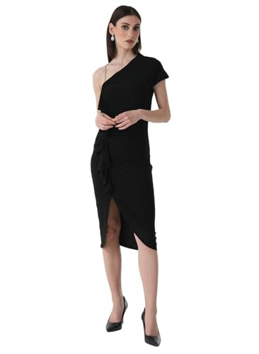 Kazo Solid Polyester Blend Asymmetric Women's Midi Dress (Black, Small)