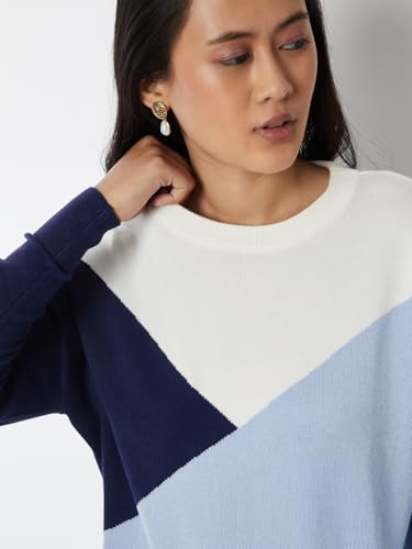 Max Women Colourblocked Sweater (Blue_S)