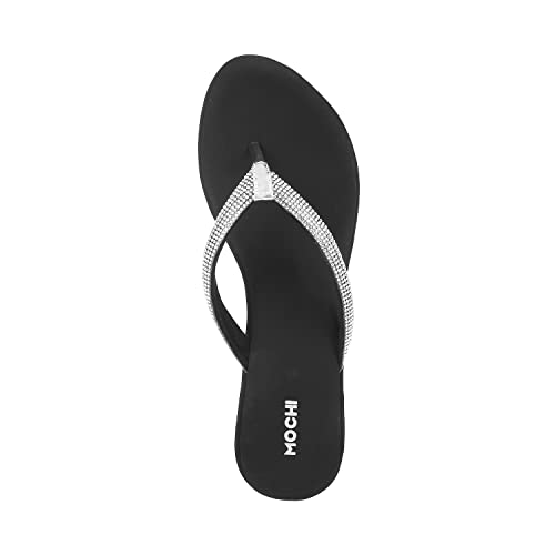 Mochi Women's Black Silver Studded Wedge Sandals | 4 Inch Heel Height | Premium Suede Open Toe Slip On Fashion Footwear | Lightweight | Comfort | Party, Casual, Festive, Stylish Wear | UK 3