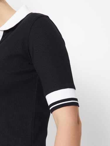 Max Women Ribbed Johnny Collar T-Shirt (Black_XL)